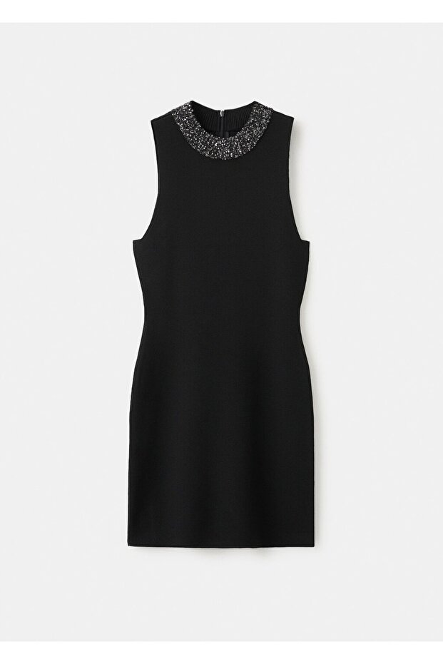 Payetli yaka triko elbise - 3