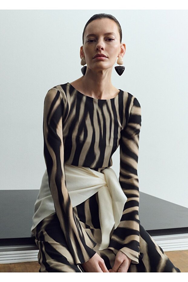 Hayvan desenli evaze elbise - 6