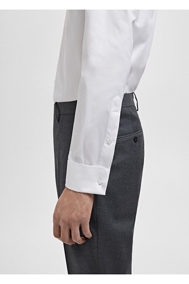 Kol düğmeli slim fit dimi kumaş gömlek - 8