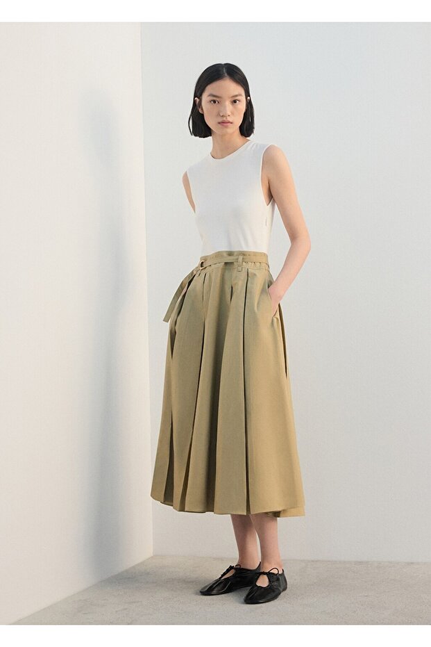 Kemerli flared midi elbise - 2