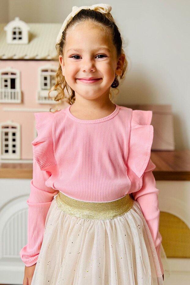 Girl's Long Sleeve T-Shirt with Shoulder Ruffle Age 3-7, Salmon