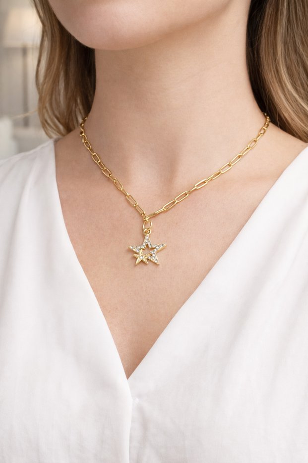 Women's Necklace Gold Color Star Paperclip Chain