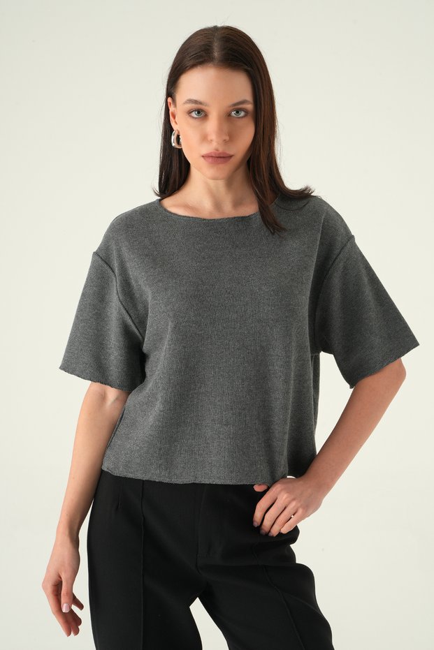 Anthracite Crew Neck Short Sleeve Blouse 8274A