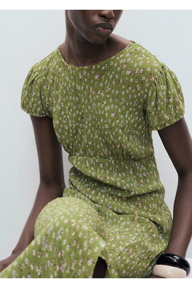 Çiçek Desenli Pileli Elbise - 7