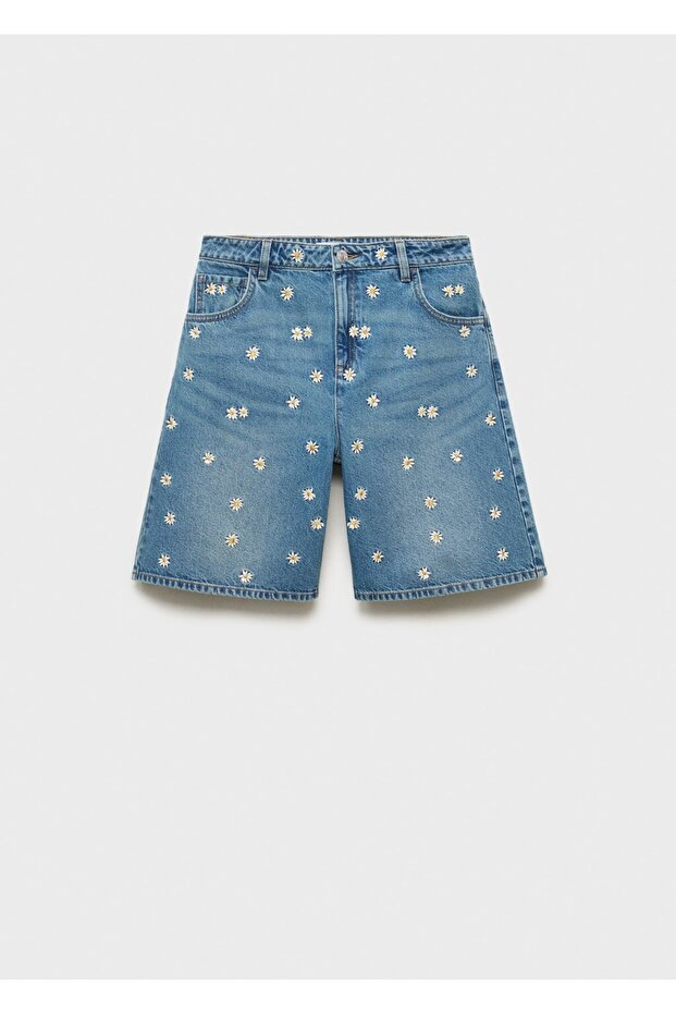 Çiçek işlemeli denim bermuda şort - 3