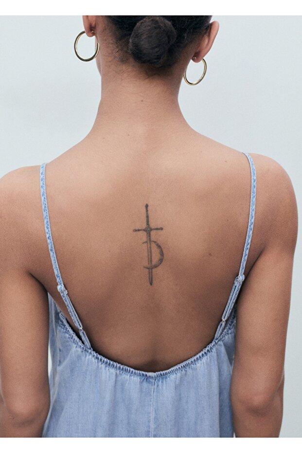 Askılı denim elbise - 7