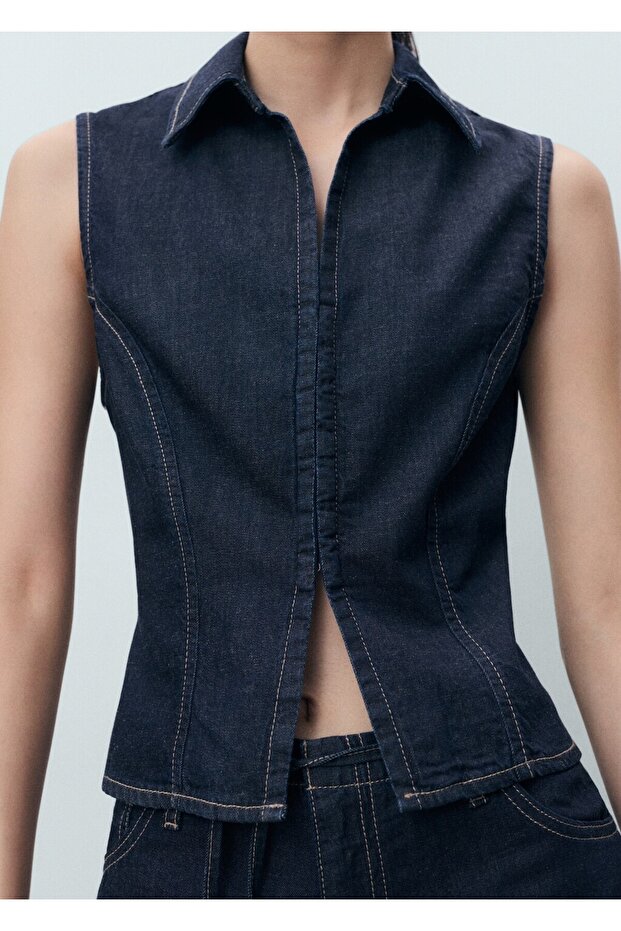 Kontrast dikişli denim bluz - 6