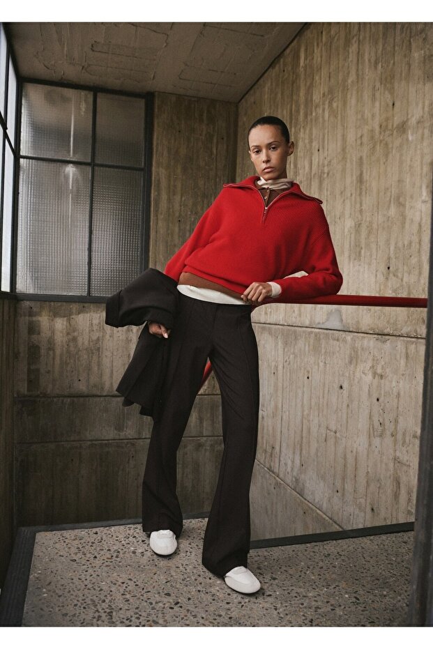 Kontrast yaka fermuarlı kazak - 2