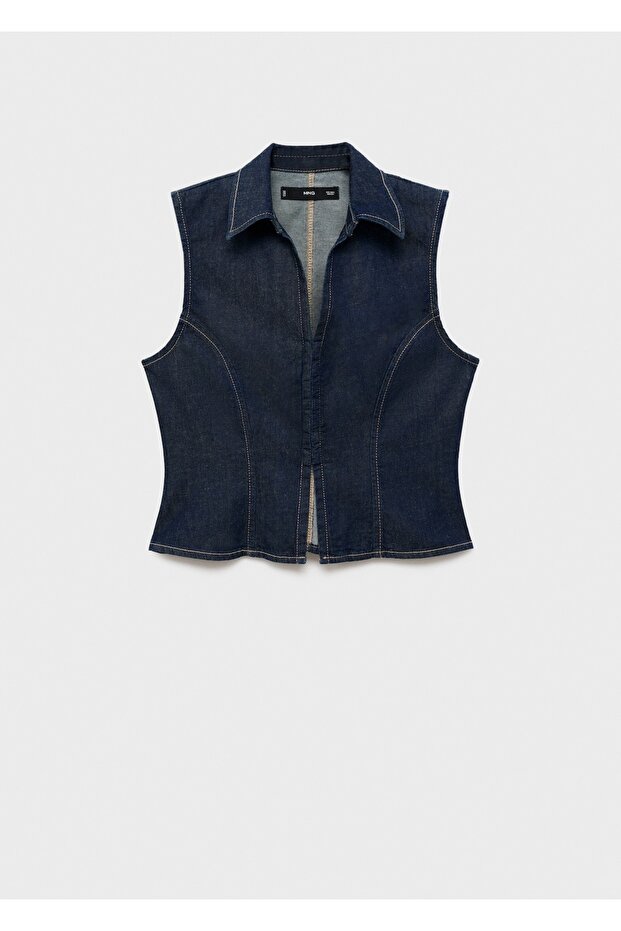 Kontrast dikişli denim bluz - 3