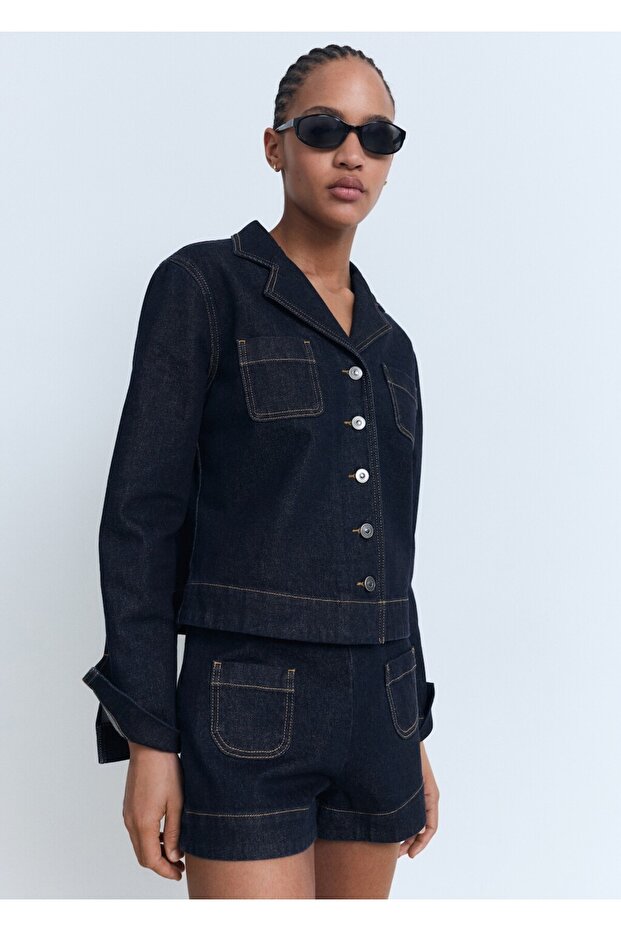 Yüksek bel cepli denim şort - 1