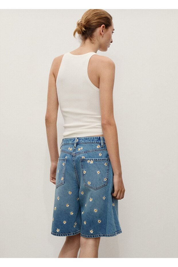 Çiçek işlemeli denim bermuda şort - 4