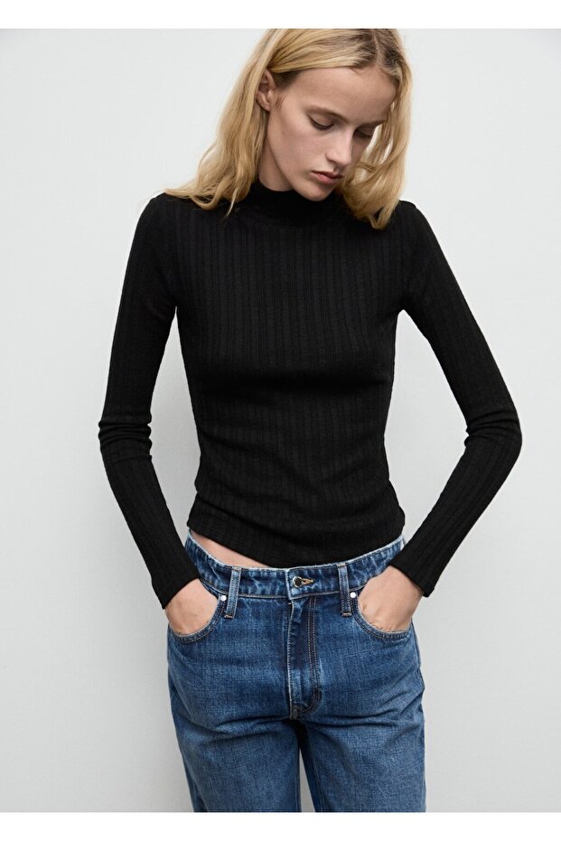 Lastikli dik yaka tişört - 1