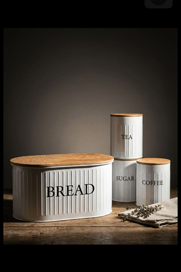 Set of 4 Wooden-Lid Metal Bread Boxes, Tea, Coffee, Sugar Organizer White