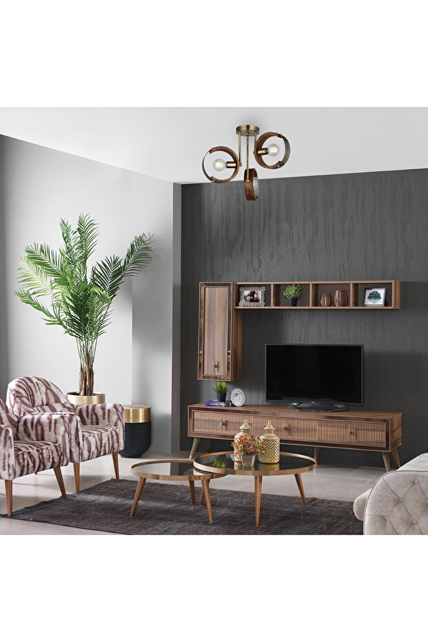 Manya 3'lü Ahşaplı Eskitme Avize - 4