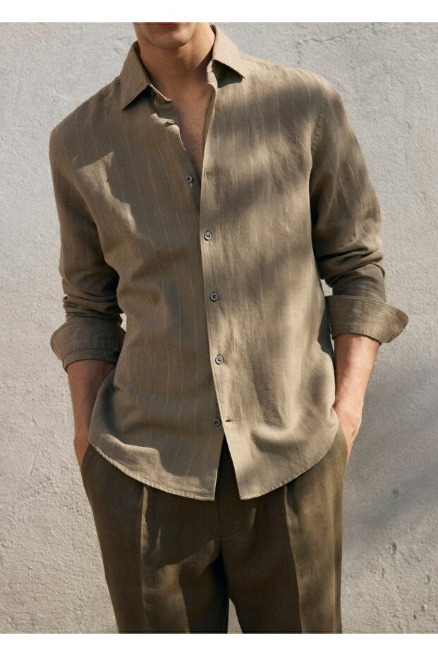 Çizgili keten gömlek - 8