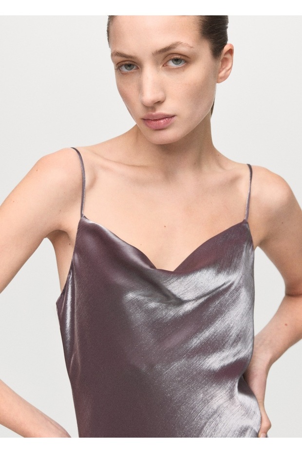 Dekolte yaka saten elbise - 6