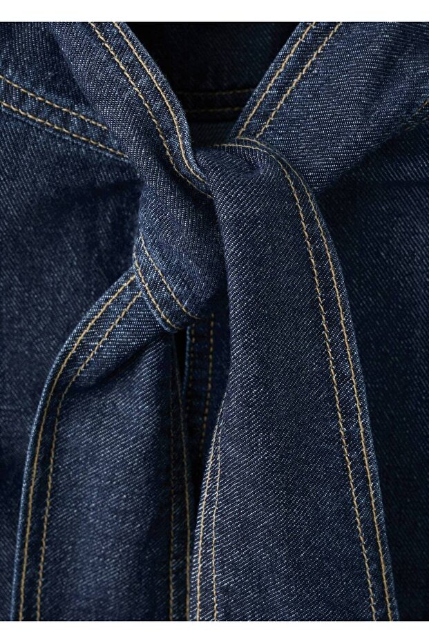 Bağ detaylı denim gömlek - 5