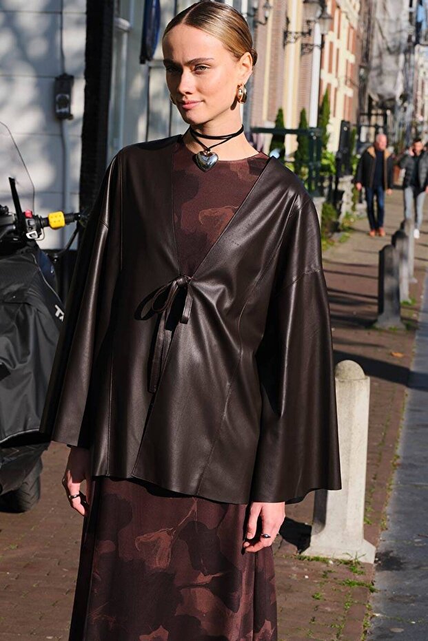 ACI KAHVE DERİ KİMONO - 1