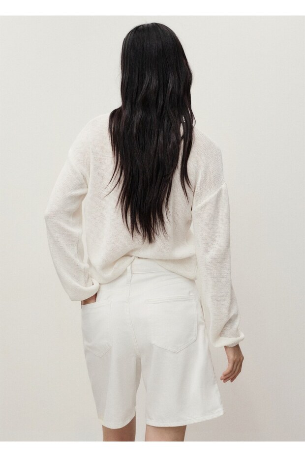 Orta bel pileli denim bermuda şort - 4