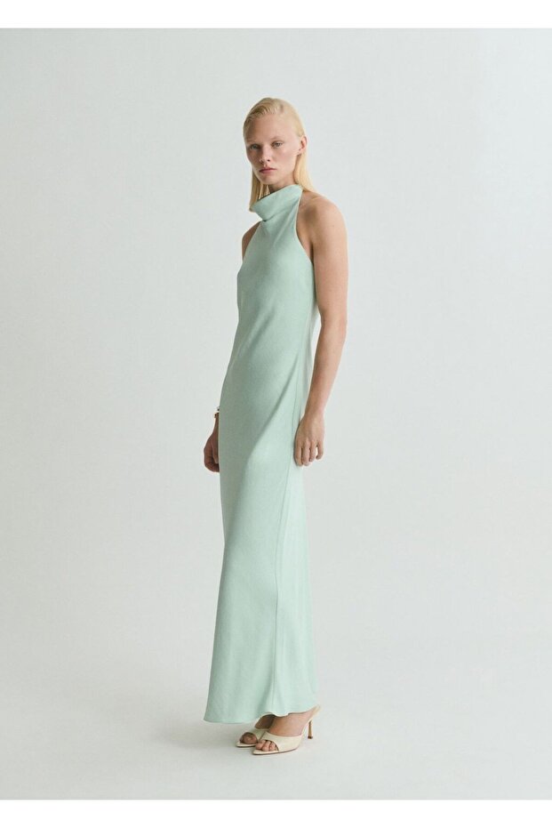 Halter yaka saten elbise - 2