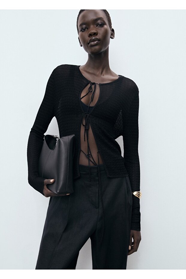 Bağ detaylı triko hırka - 1