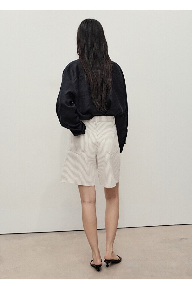 Çizgili denim bermuda şort - 4