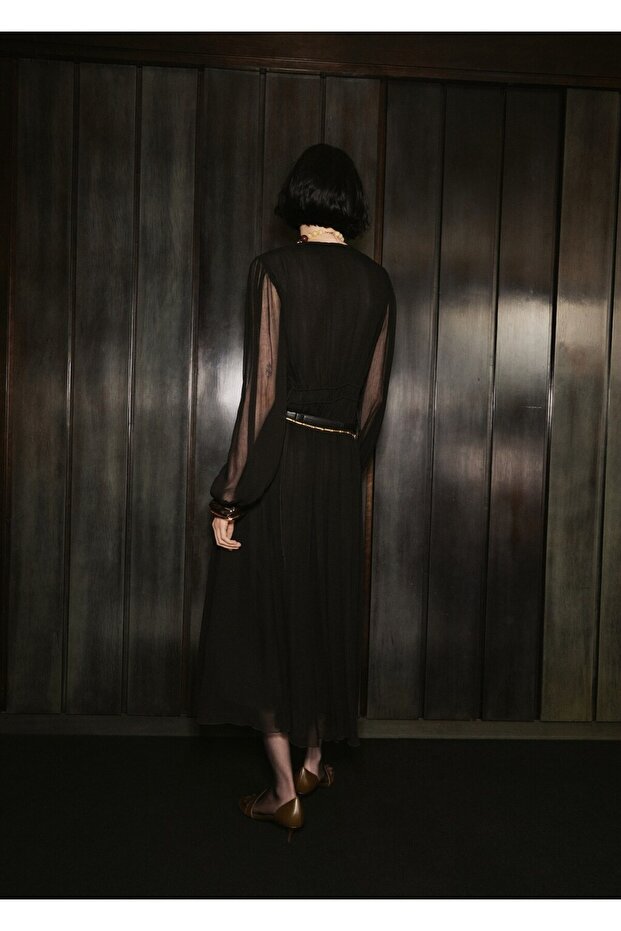 Kabarık kollu şifon elbise - 4