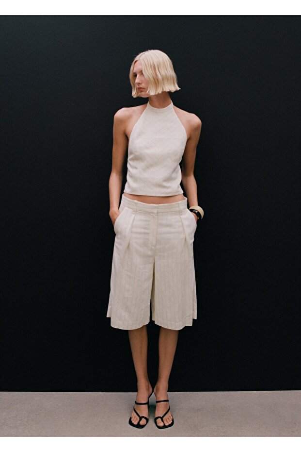 Çizgili keten karışımı bermuda şort - 8