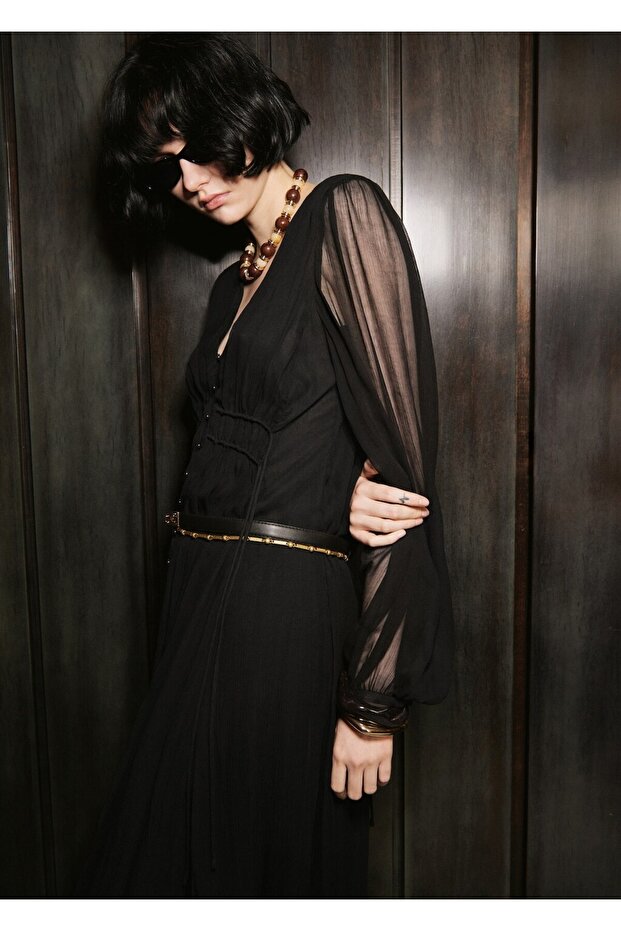 Kabarık kollu şifon elbise - 7