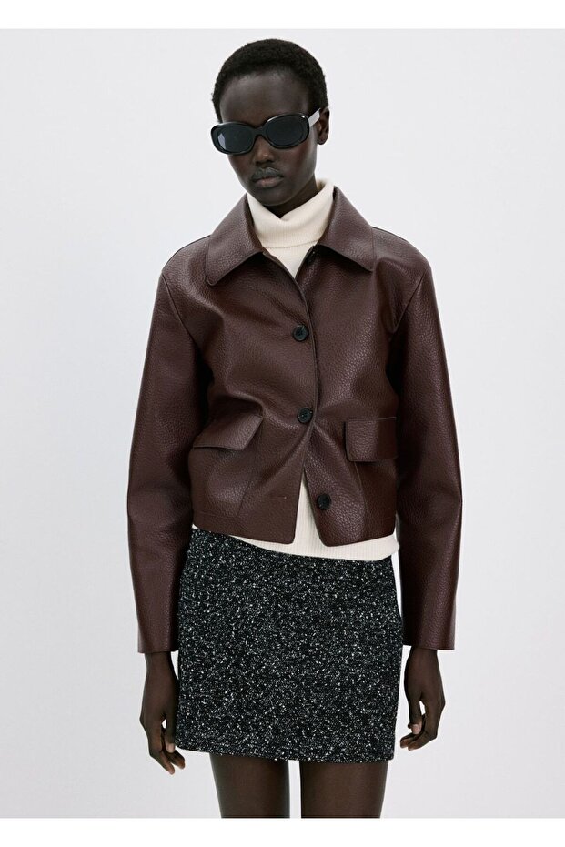 Deri görünümlü cepli ceket - 1