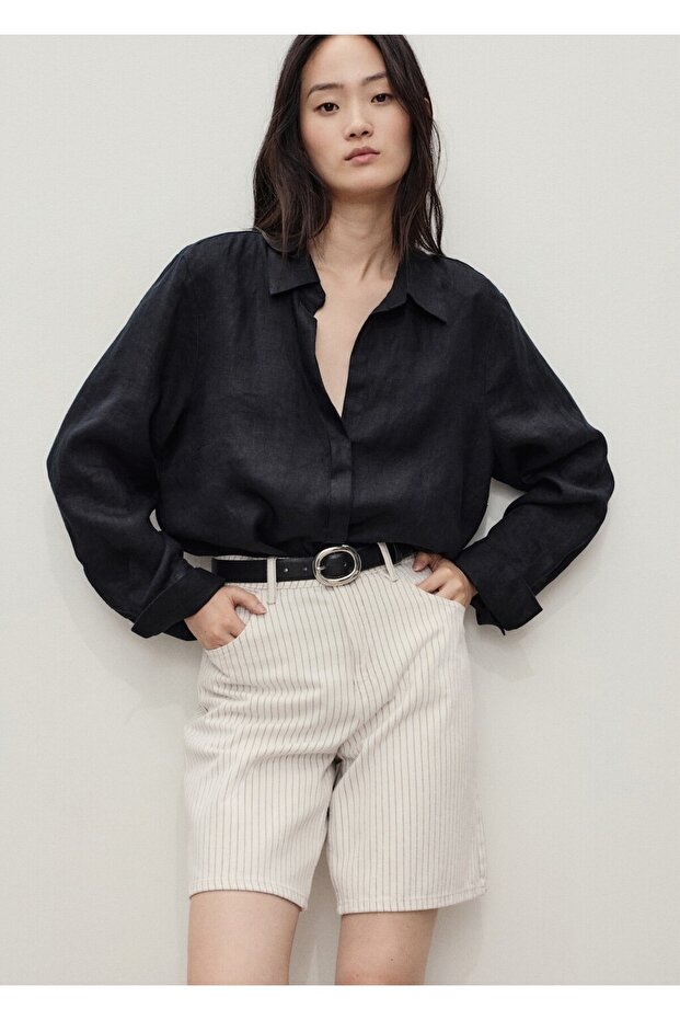 Çizgili denim bermuda şort - 6