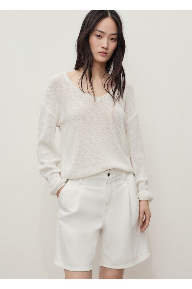 Orta bel pileli denim bermuda şort - 1