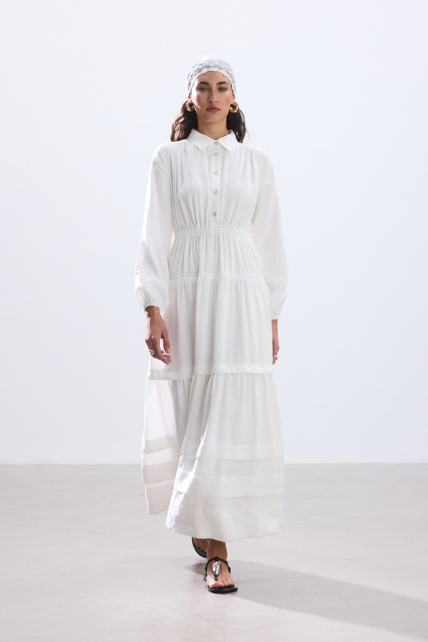 EKRU NERVÜRLÜ MODAL ELBİSE - 2