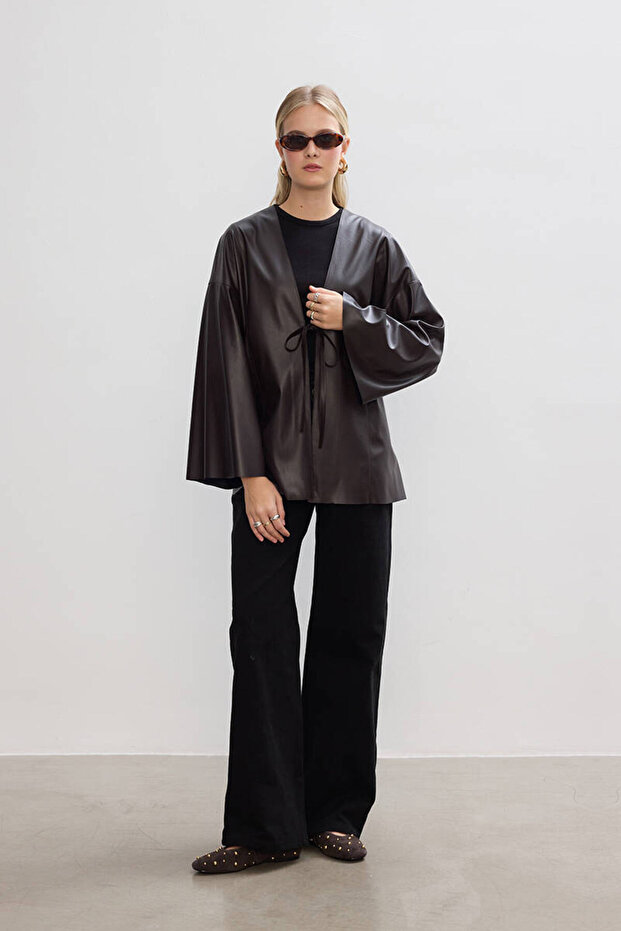 ACI KAHVE DERİ KİMONO - 4