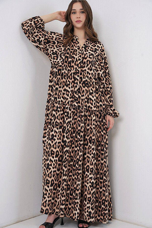 2423 Model Authentic Patterned Brown Dress - 5