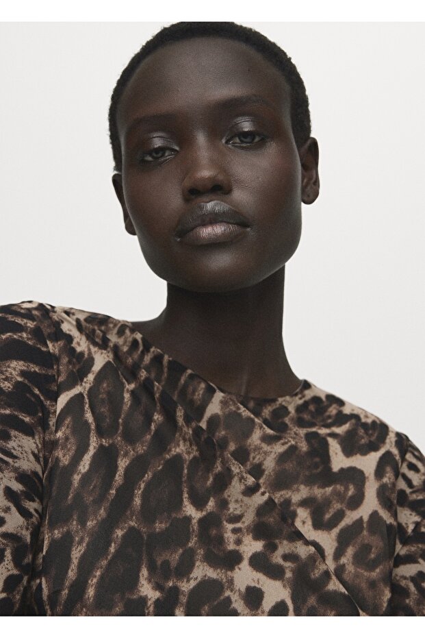 Leopar desenli drape detaylı elbise - 6