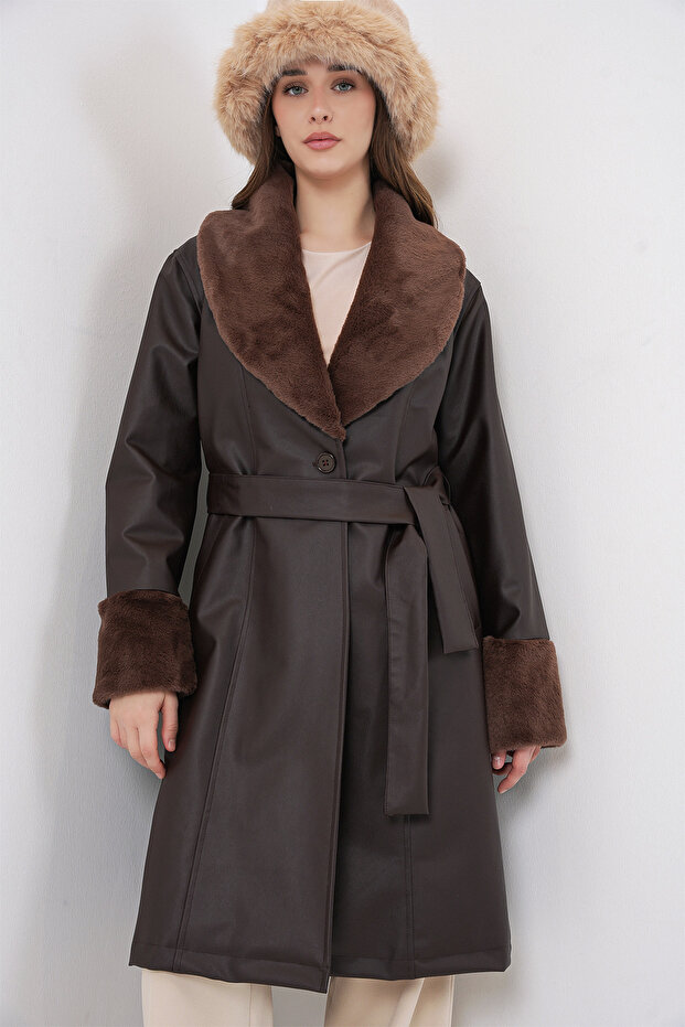 1045 Fur Faux Leather Coat - Brown