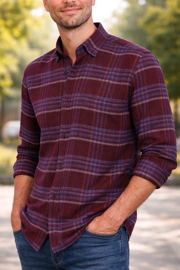 Men's Burgundy Winter Shirt with Checkered Pockets and Buttoned Collar