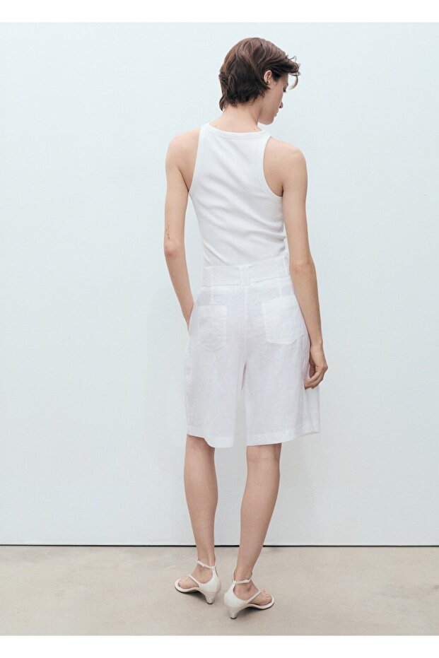 Keten karışımlı kemerli bermuda şort - 4