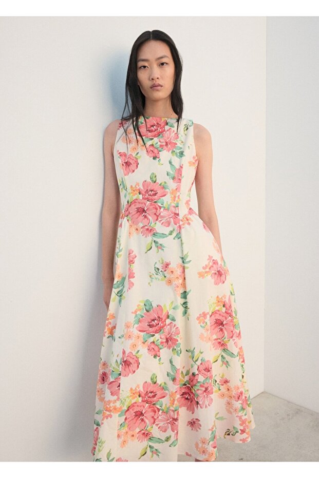 Çiçek desenli evaze elbise - 1