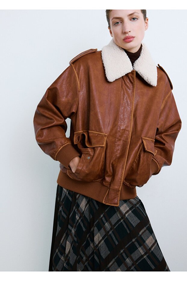 Kürk yakalı oversize ceket - 8