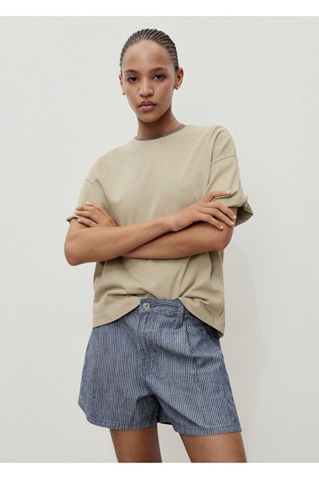 Çizgili pileli denim şort - 6