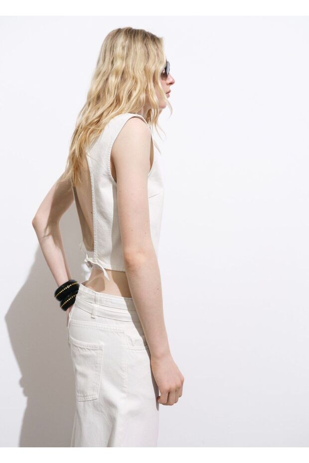 Tokalı denim crop bluz - 1