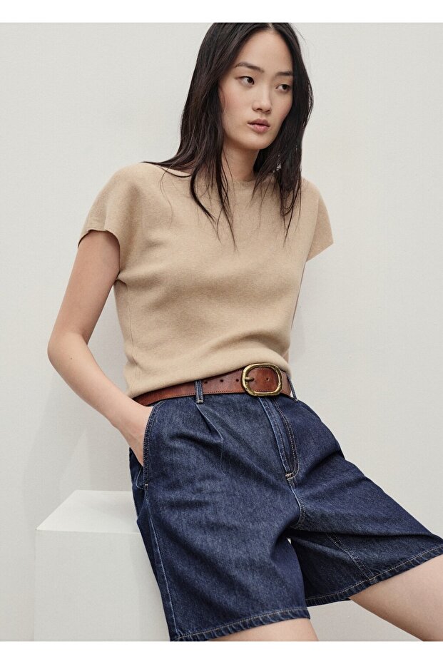 Orta bel pileli denim bermuda şort - 6