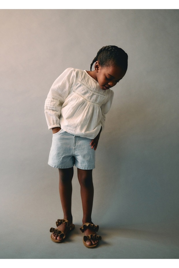 Çizgili denim şort - 3