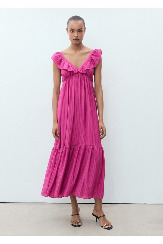 Fırfırlı yaka uzun elbise - 2