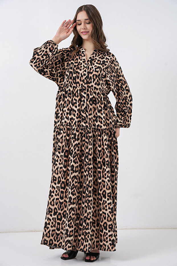 2423 Model Authentic Patterned Brown Dress - 1