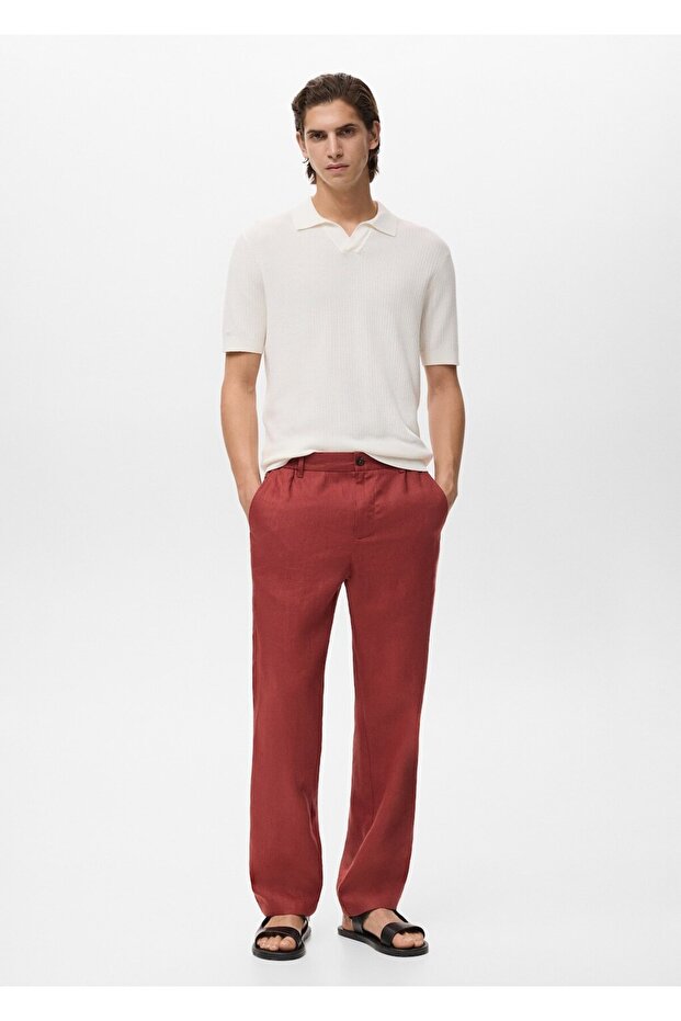 Elastik bel bantlı %100 keten pantolon - 2