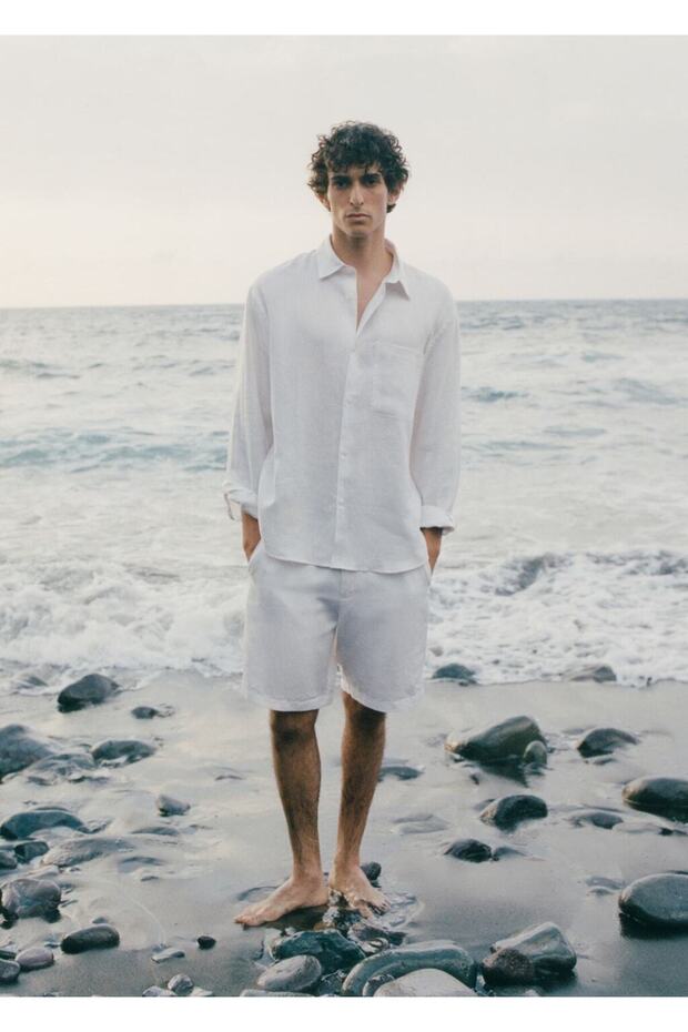 Keten karışımlı elastik belli bermuda şort - 8