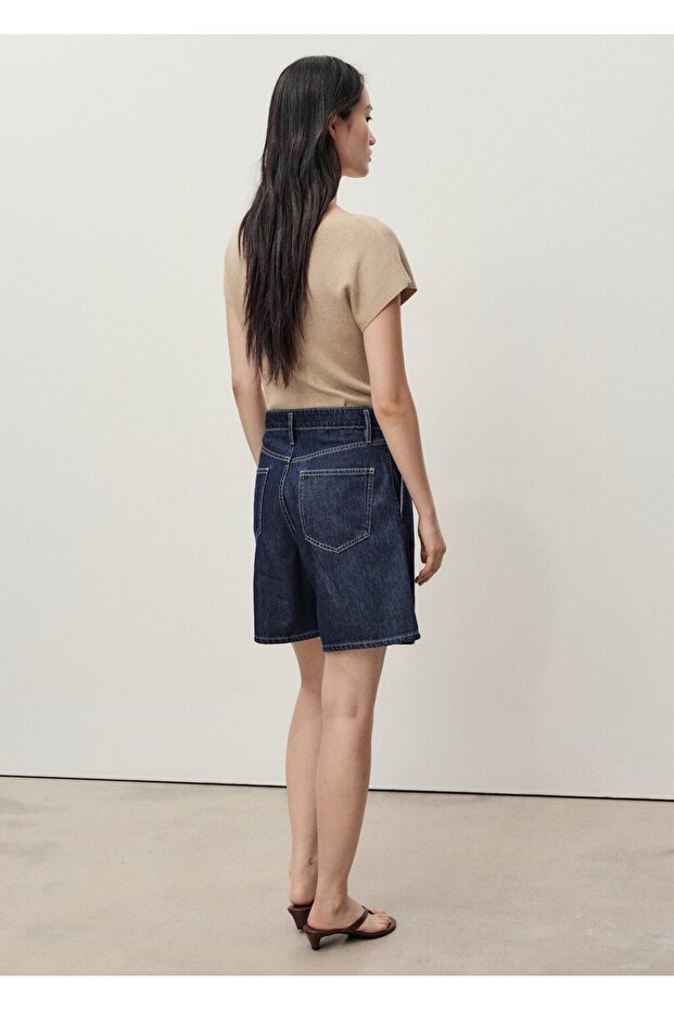 Orta bel pileli denim bermuda şort - 4